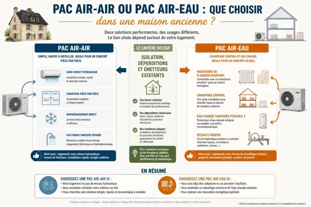 Schéma comparatif d’une PAC air-air et d’une PAC air-eau dans une maison ancienne