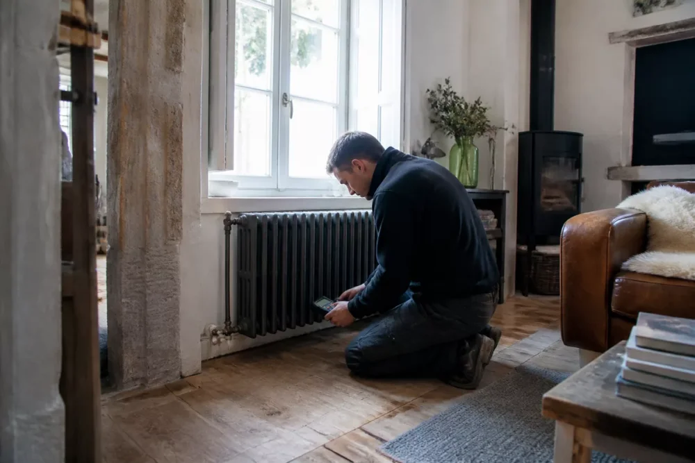 Radiateur en fonte dans une maison ancienne étudiée pour une PAC air-eau.