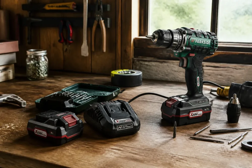 Outils Parkside Lidl sur un établi de bricolage