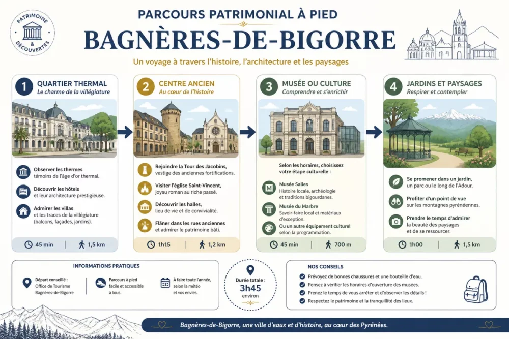 Schéma en français d’un parcours patrimonial à pied dans Bagnères-de-Bigorre