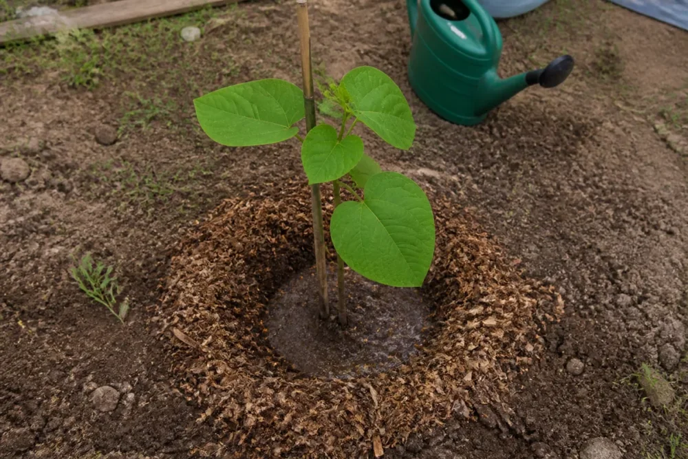 Jeune paulownia planté avec cuvette d’arrosage et paillage organique