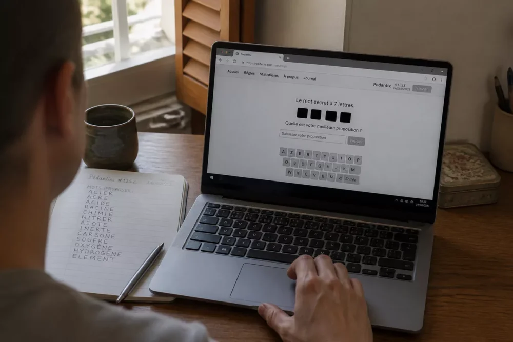 Joueur ouvrant Pedantix sur le site officiel avec un carnet de premières propositions.