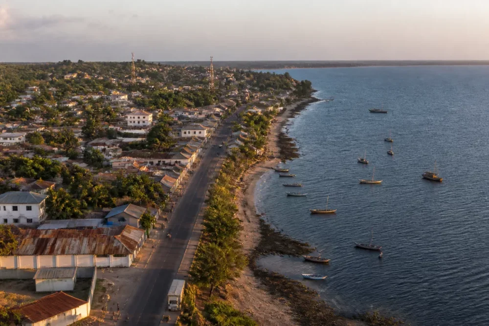 View of Lindi, a coastal city in southeastern Tanzania, with the Indian Ocean in the background.
