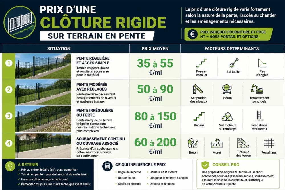 Infographie des prix d’une clôture rigide sur terrain en pente selon la difficulté du sol.