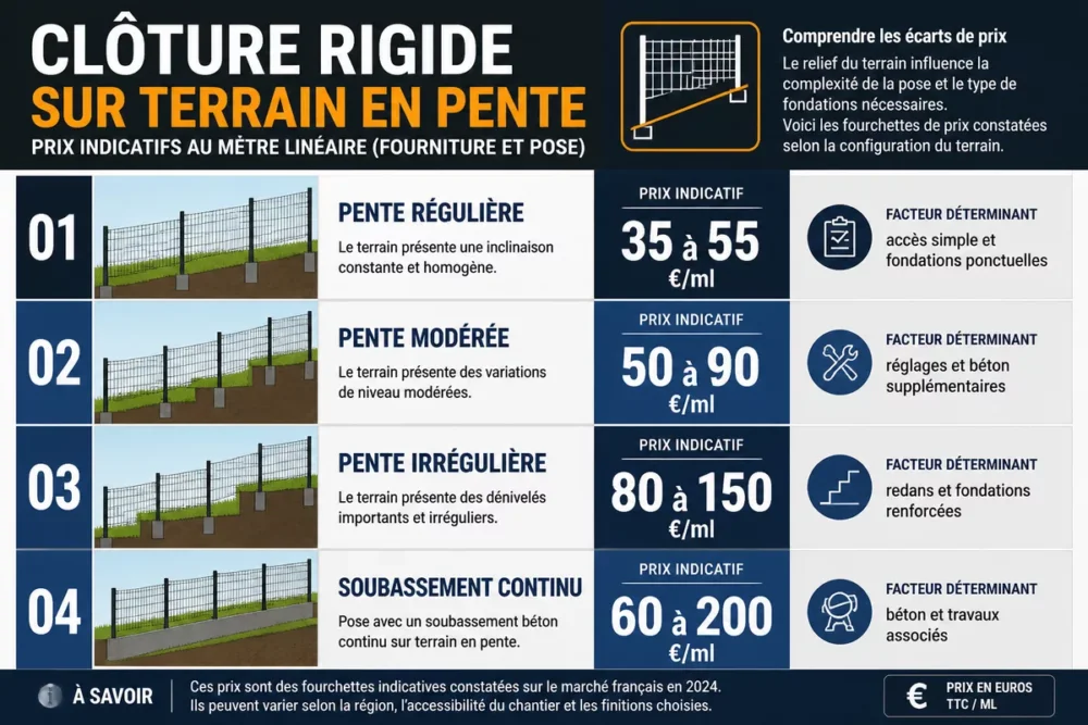 Infographie des fourchettes de prix d’une clôture rigide sur terrain en pente