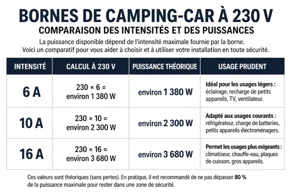 Infographie de la puissance électrique d’une borne de camping-car selon l’ampérage