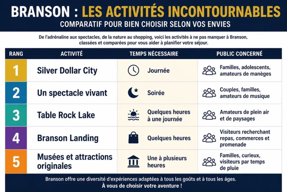 Infographie des meilleures activités à Branson selon la durée et le public