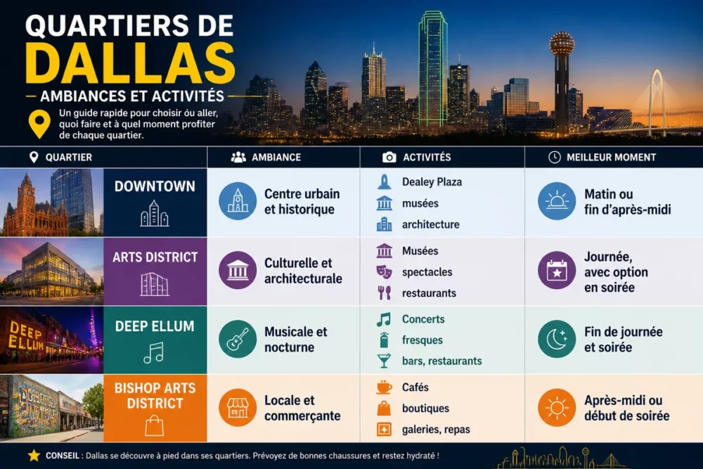 Infographie des quartiers de Dallas et de leurs principales activités