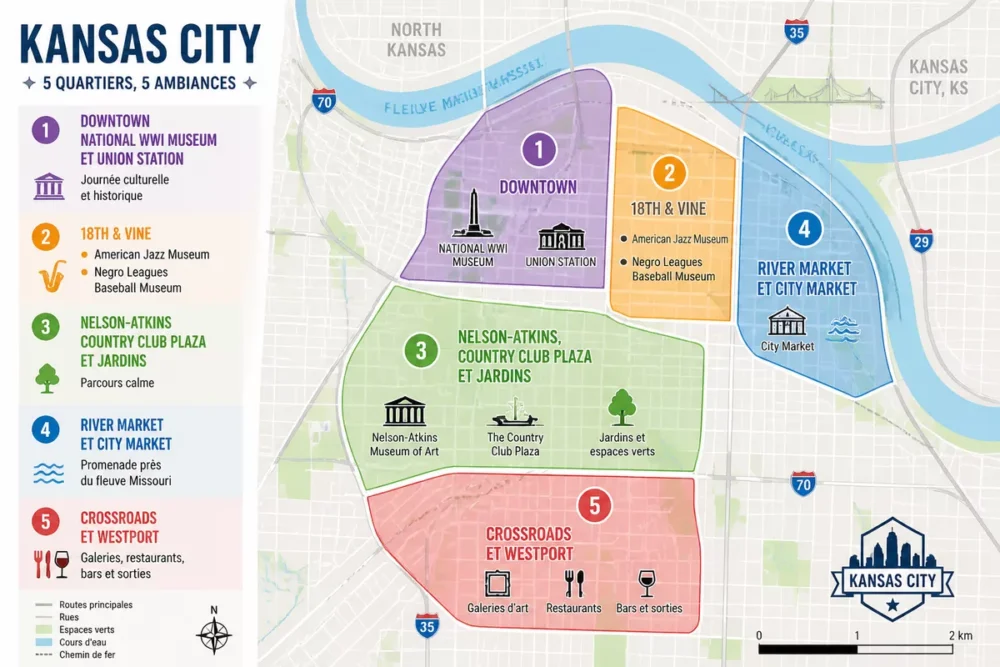 Carte des quartiers et visites à associer pour visiter Kansas City
