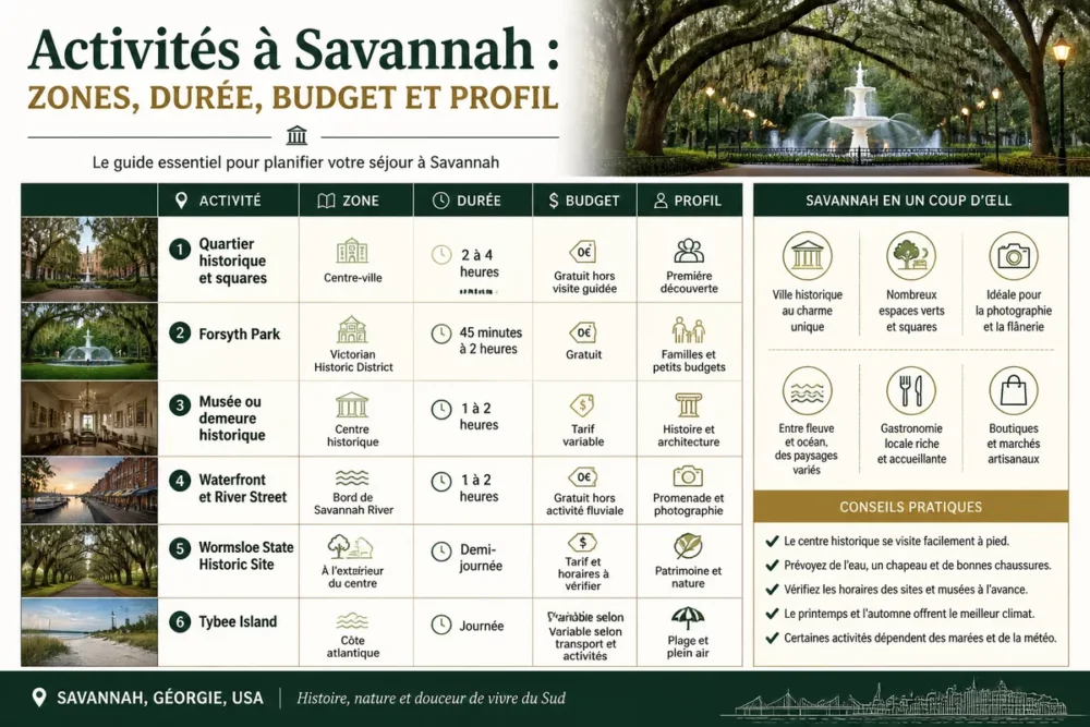 Infographie des activités à Savannah classées par zone, durée, budget et profil de voyageur.