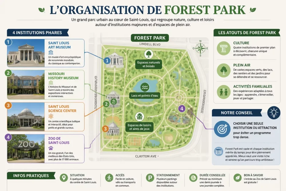 Schéma des institutions culturelles et familiales réunies à Forest Park à Saint-Louis.