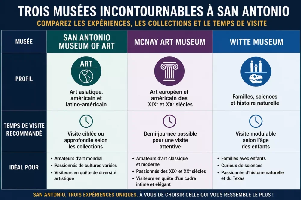 Comparatif des musées de San Antonio selon leurs collections et le temps de visite.