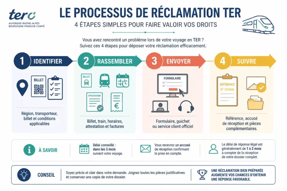 Schéma en français des étapes d’une réclamation TER pour retard ou suppression