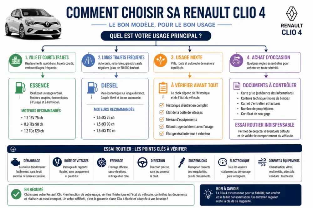 Schéma de choix d’une Renault Clio 4 selon l’usage