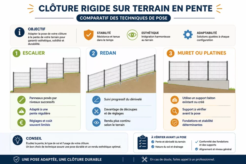 Clôture rigide installée sur un terrain de jardin en pente avec poteaux et soubassement