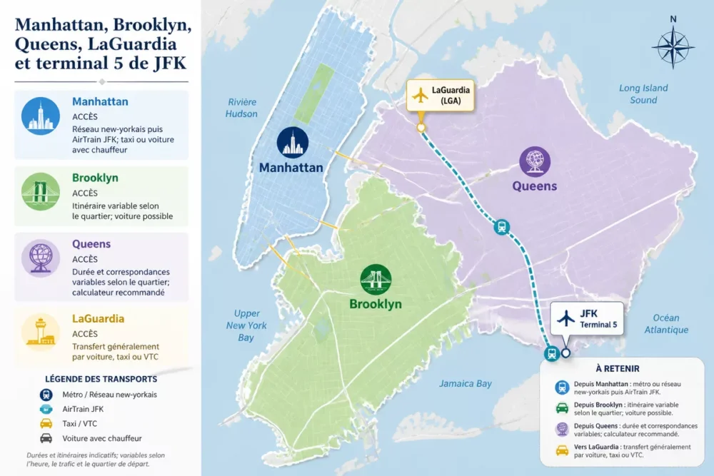 Map of access to JFK Terminal 5 from Manhattan Brooklyn Queens and LaGuardia