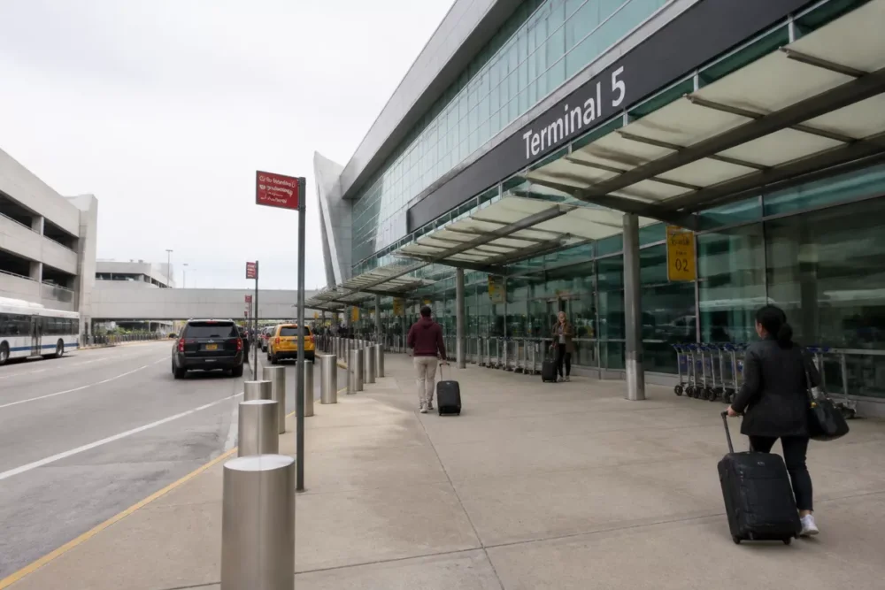 Facade and drop-off area of JFK Terminal 5 in Queens