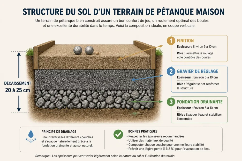 Schéma des couches et de la profondeur d’un sol de terrain de pétanque.