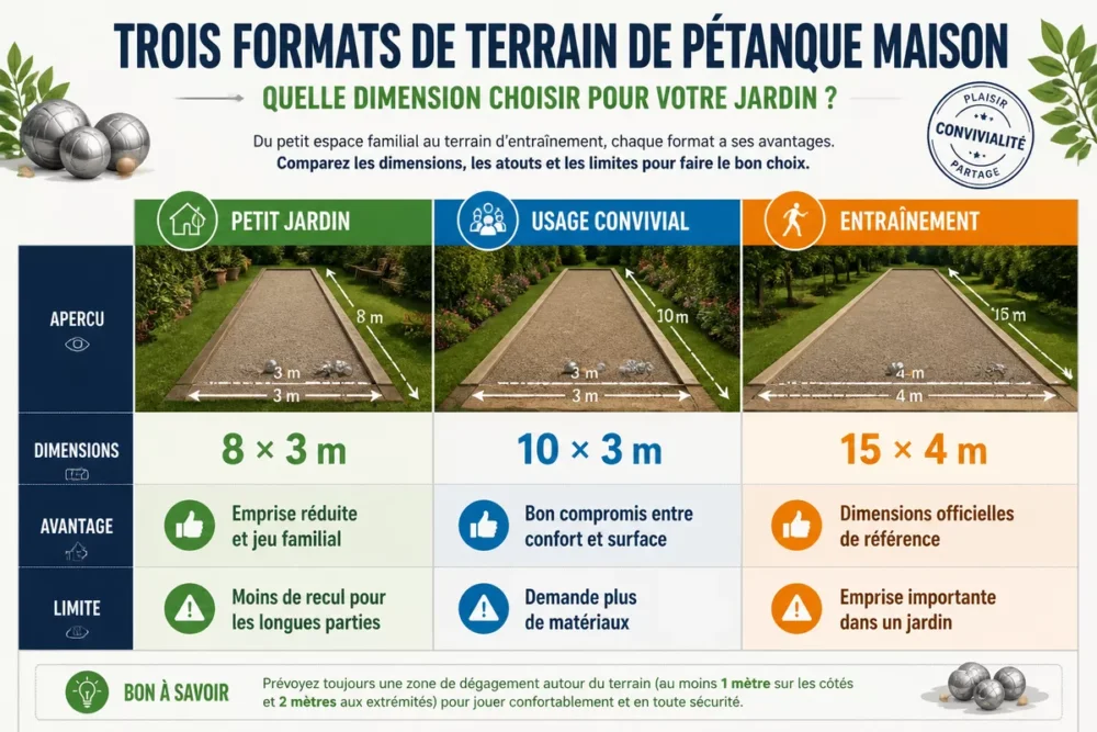 Comparatif des dimensions d’un terrain de pétanque maison selon l’usage.