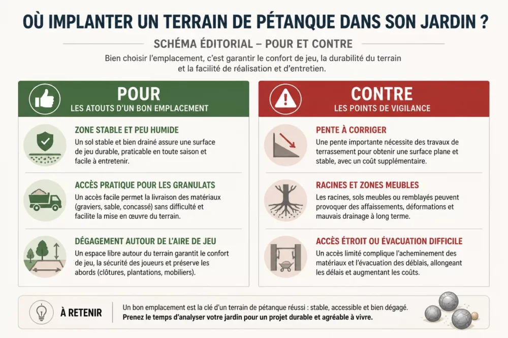 Schéma pour et contre pour choisir l’emplacement d’un terrain de pétanque dans un jardin
