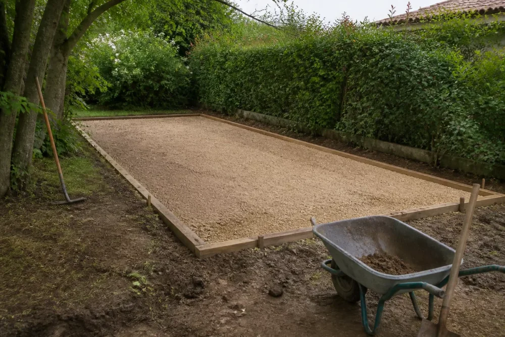 Photo réaliste d’un terrain de pétanque maison en cours d’aménagement dans un jardin