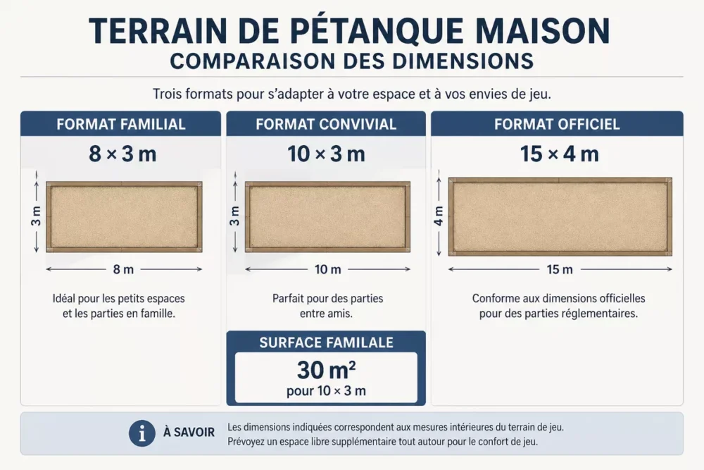 Infographie en français comparant les dimensions d’un terrain de pétanque maison et d’un terrain officiel