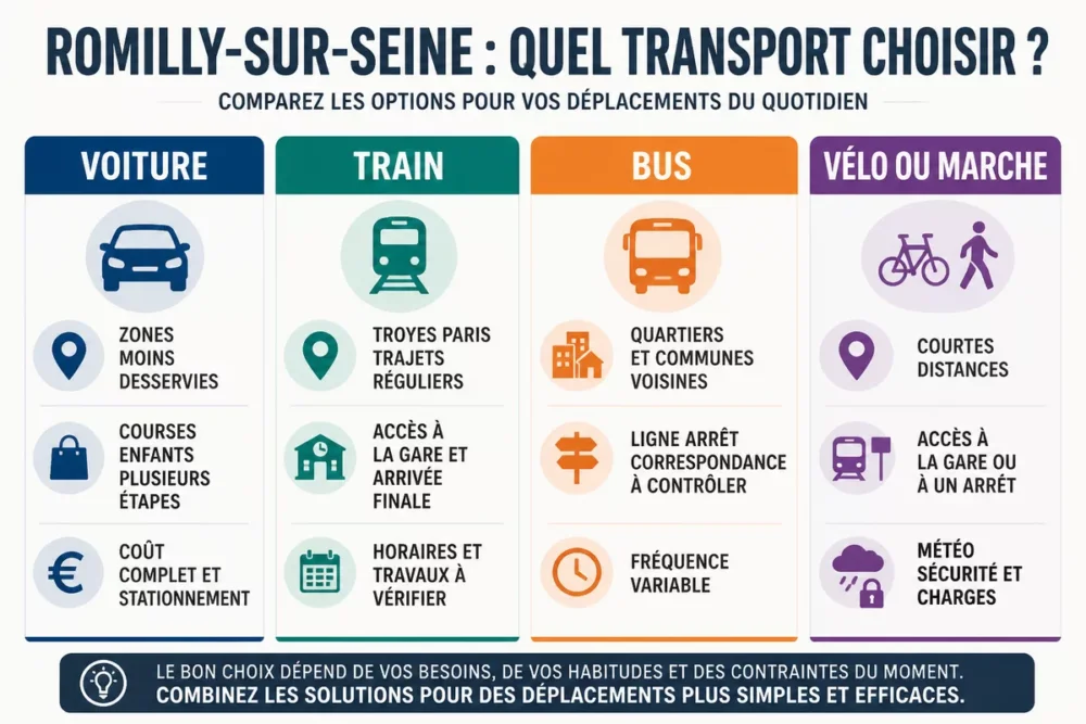 Schéma comparatif des transports à Romilly-sur-Seine selon la distance et les contraintes
