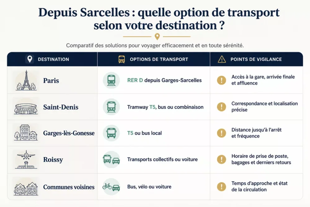 Infographie des transports depuis Sarcelles vers Paris, Saint-Denis, Roissy et les communes voisines