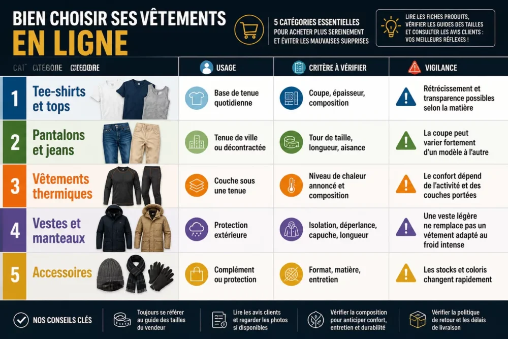 Infographie des catégories de vêtements et des critères de choix