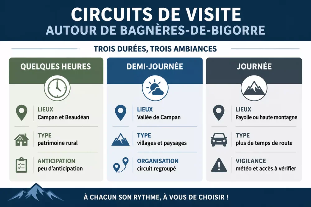 Schéma des circuits de visite autour de Bagnères-de-Bigorre selon la durée