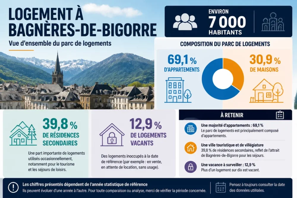 Infographie en français sur les logements et la population de Bagnères-de-Bigorre