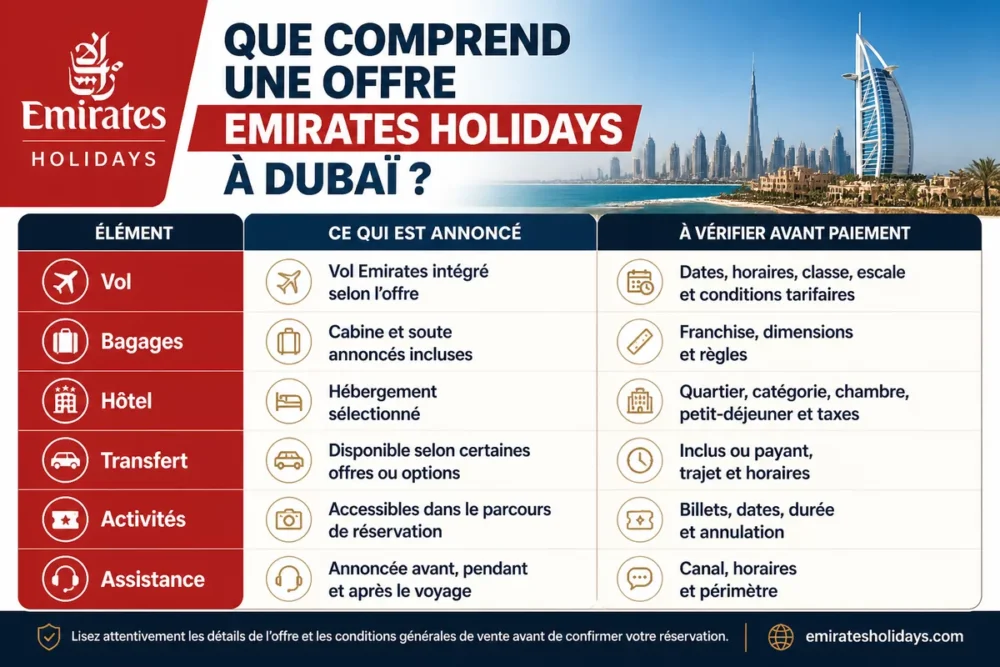 Infographie des prestations incluses dans un forfait Emirates Holidays à Dubaï.