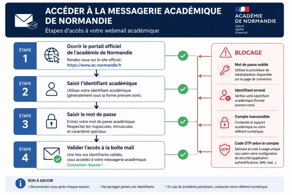 Schéma de connexion au webmail AC Normandie avec identifiant académique et mot de passe