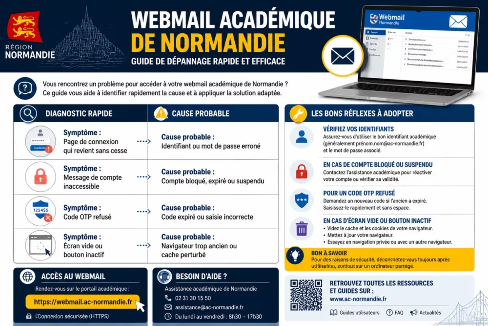 Infographie de dépannage du webmail AC Normandie avec erreurs fréquentes et actions à mener