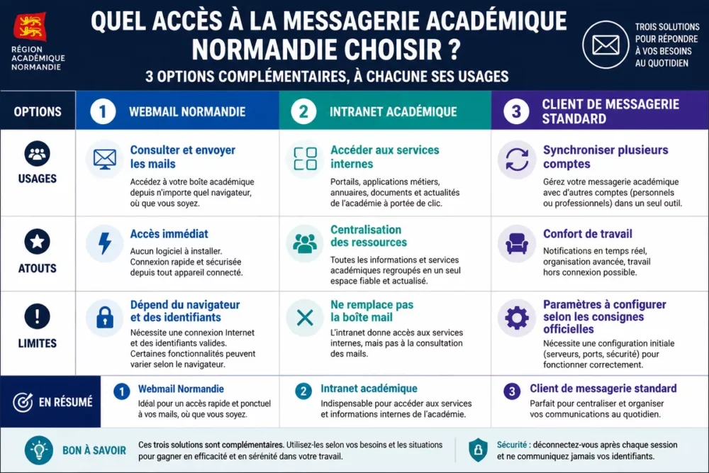 Infographie comparant webmail Normandie, intranet académique et client de messagerie