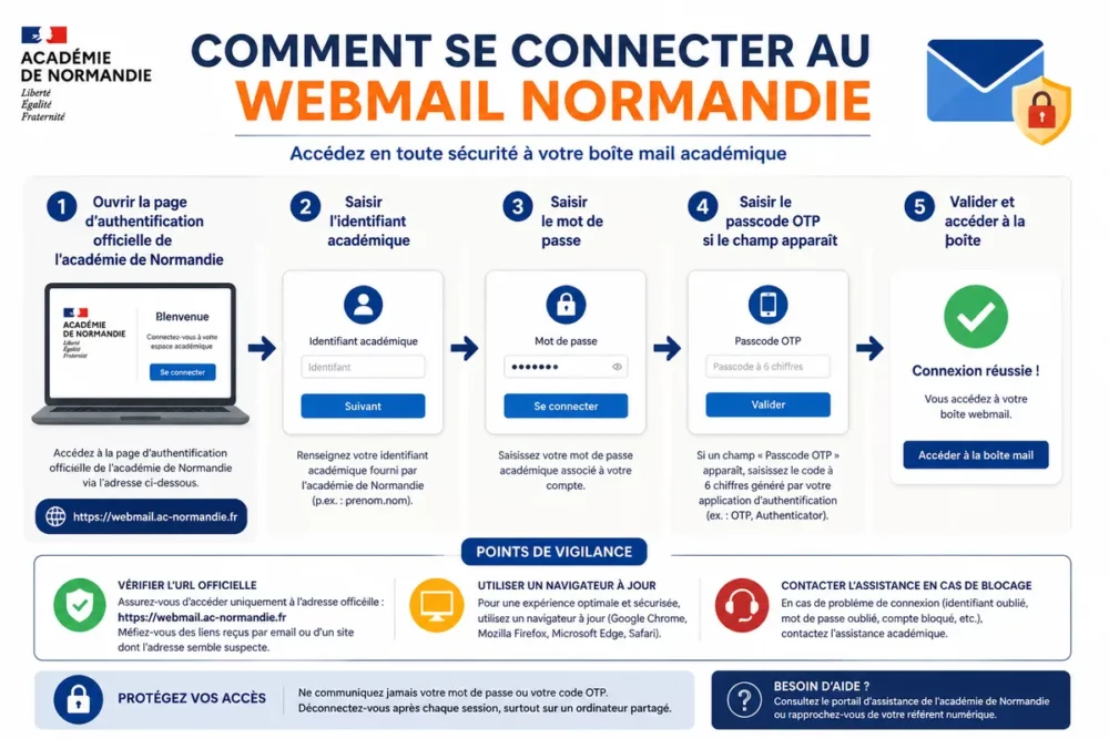 Schéma de connexion au webmail Normandie avec identifiant, mot de passe et code OTP