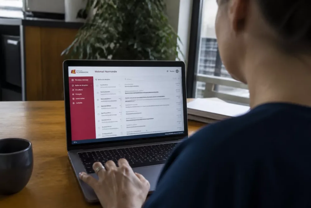 Photo réaliste d’une consultation du webmail Normandie sur ordinateur portable