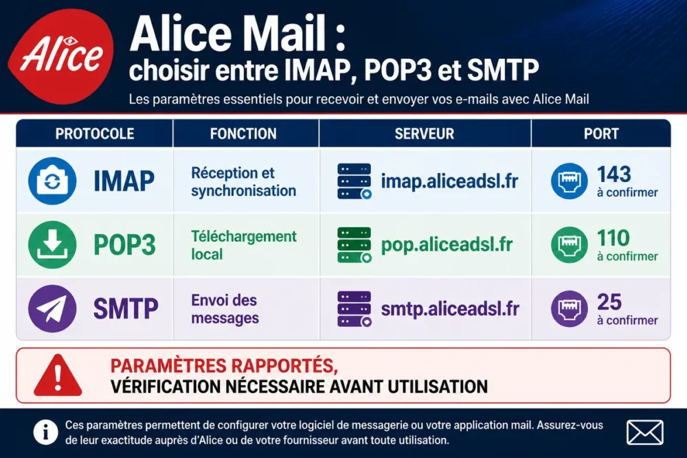Infographie en français comparant les paramètres IMAP, SMTP et POP3 d’Alice Mail