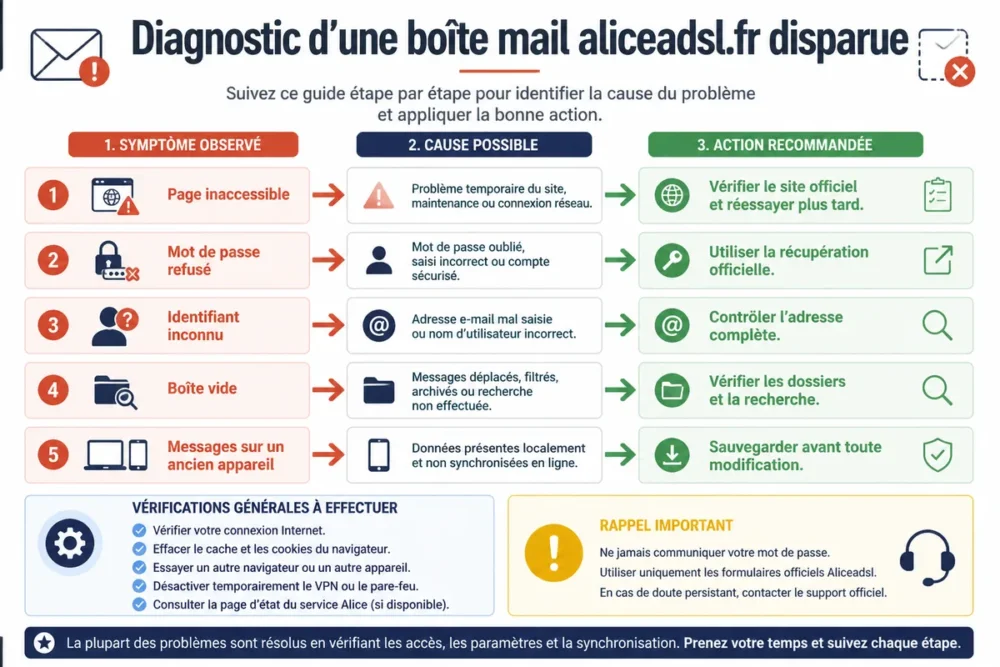 Schéma de diagnostic pour une boîte mail aliceadsl.fr disparue selon le symptôme rencontré