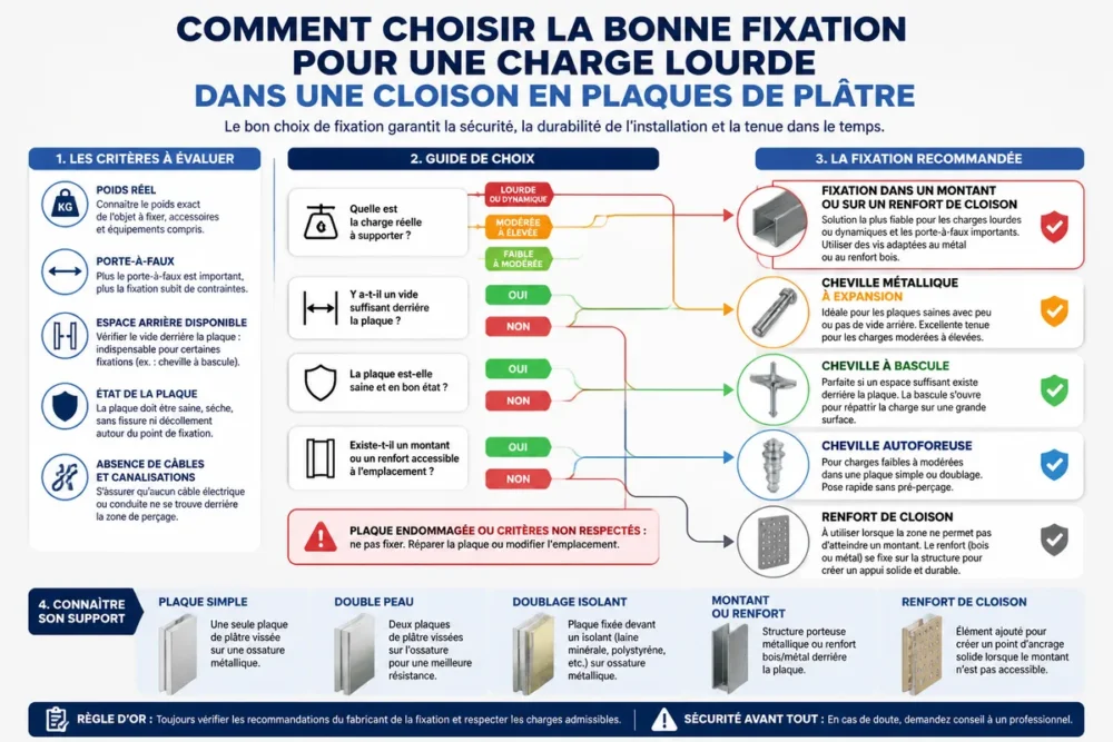 Schéma en français pour choisir une cheville placo selon le support et la charge