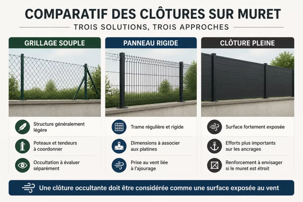 Infographie comparant le grillage souple, le panneau rigide et la clôture pleine sur un muret selon la prise au vent