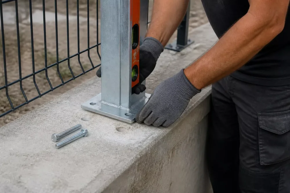 Artisan posant une platine métallique et réglant un poteau de clôture sur un muret en béton