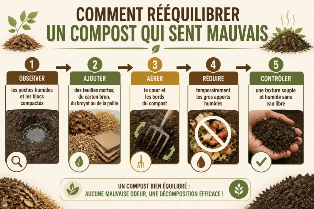 Composteur ouvert avec matières humides, feuilles mortes et carton brun à mélanger pour rééquilibrer un compost qui sent mauvais