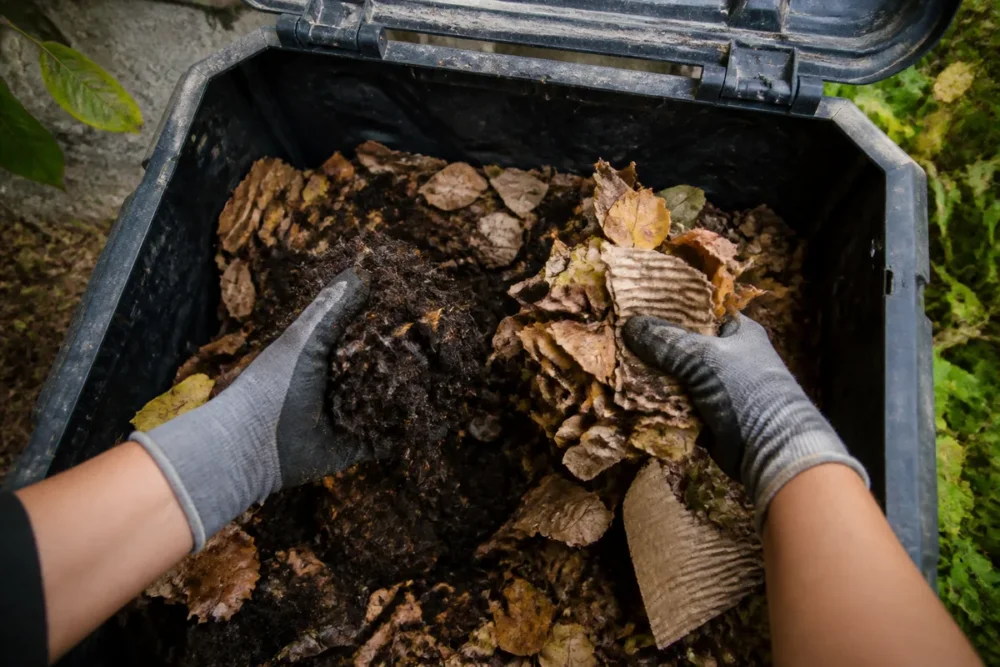 Mains gantées mélangeant des feuilles mortes et du carton brun dans un composteur humide