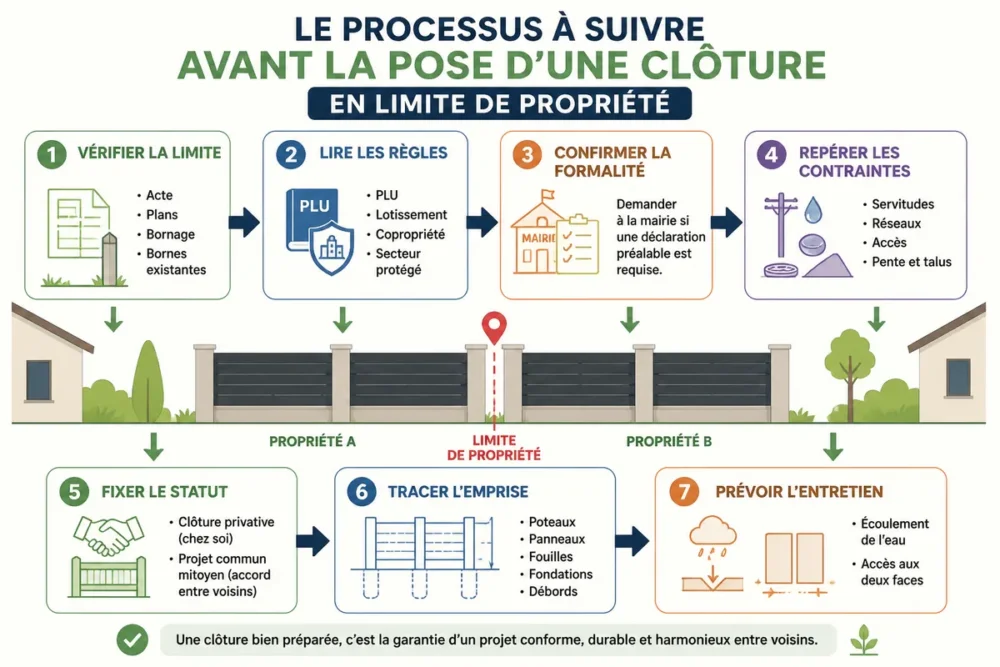 Schéma des étapes à vérifier avant d’installer une clôture en limite de propriété