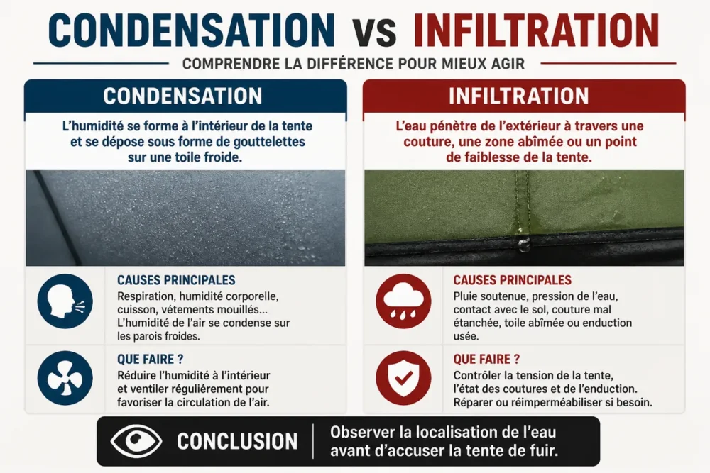 Schéma comparatif entre condensation et infiltration dans une tente