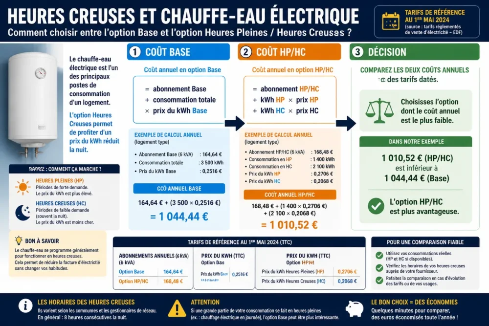 Infographie en français comparant le calcul annuel du tarif Base et des heures pleines heures creuses avec un chauffe-eau
