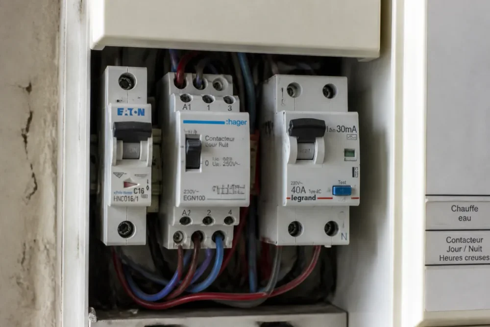 Contacteur jour-nuit d’un chauffe-eau électrique en position automatique sur un tableau électrique