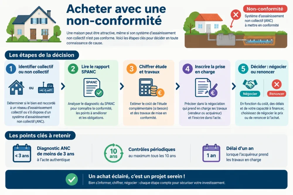 Maison avec assainissement non conforme et documents de vente à contrôler