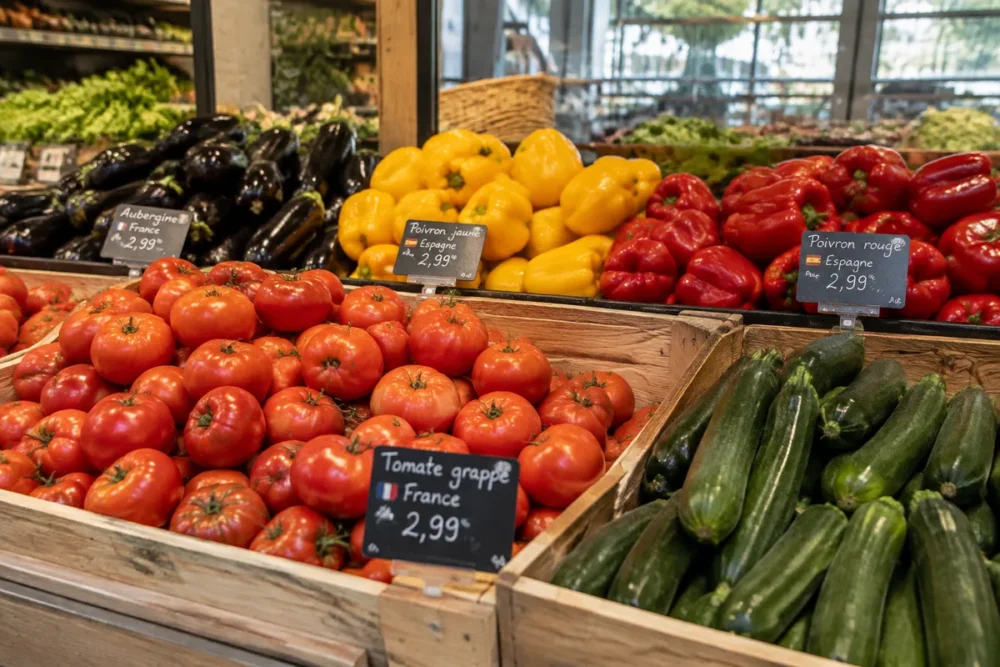 Étal de fruits et légumes dans un magasin Grand Frais, illustrant les avis sur la présentation et le choix